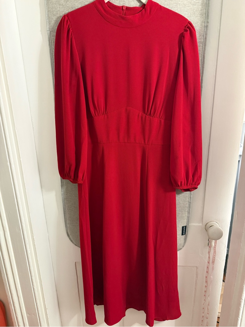 Maggy London Red Midi Dress with Puff Long Sleeves Excellent Condition